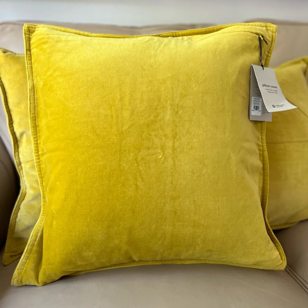 West Elm Velvet Washable Throw Pillow Cover Case Gold Yellow 18x18 Boho Chic